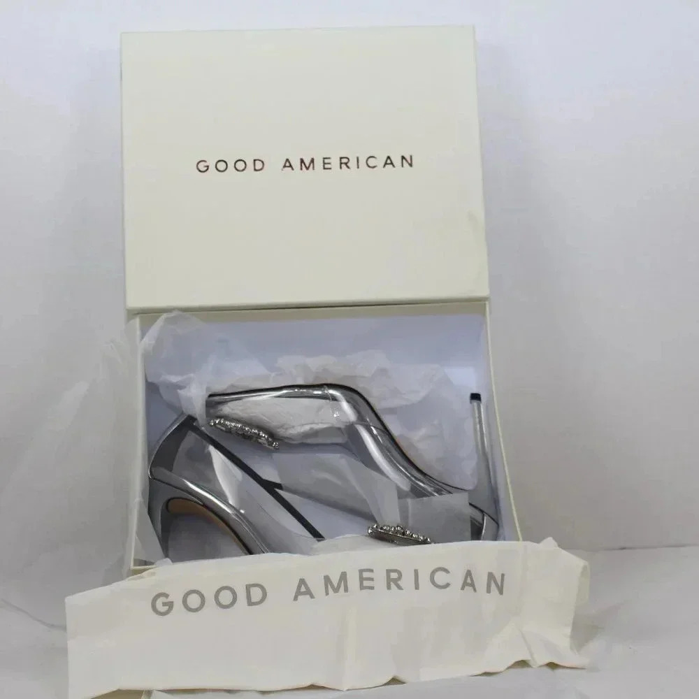 Good American Silver Clear Rhinestone Glass Pumps Heels Size 10 NWT